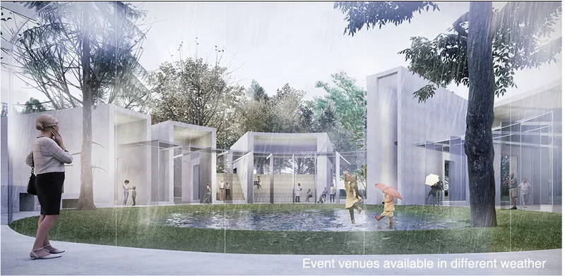 Shallow reflecting pool with children playing among scattered pavilions and mature trees