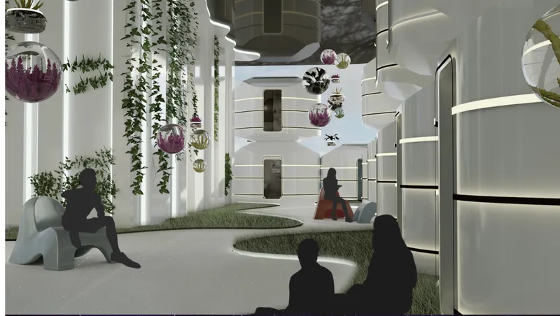 Interior atrium with curved white pods, hanging planters, purple glass spheres, and silhouetted figures on grass patches