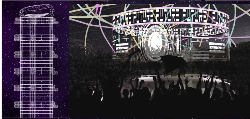 Wireframe elevation drawing of a tower and illuminated circular hovering structure above a crowd at night