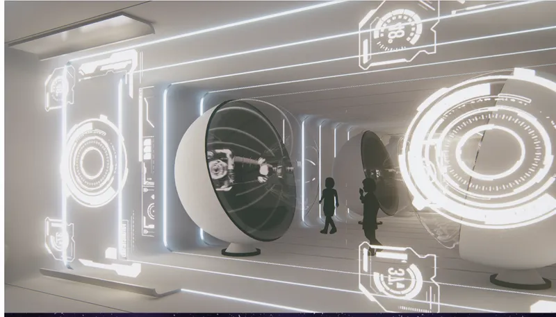 Corridor with circular portals, neon outlines, reflective flooring, and two figures walking through curved openings