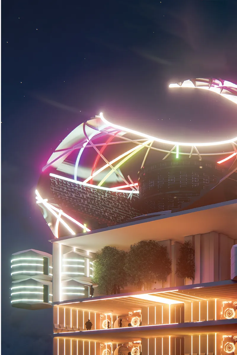Night exterior showing illuminated roof structure with multicolored lighting and glowing terraced levels below