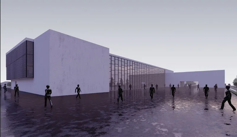 Rendered plaza view with silhouetted figures walking across wet pavement beneath an overcast sky