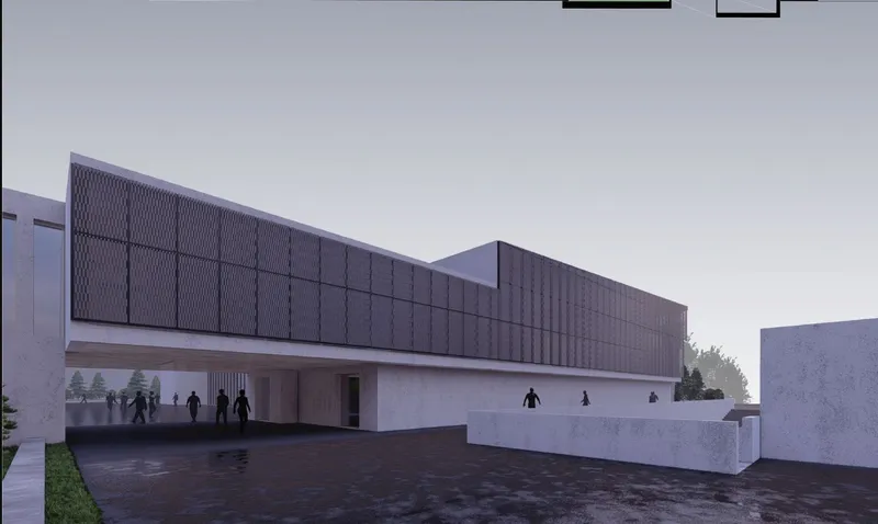 Elevated concrete terrace with metal screen panels and figures moving along the promenade