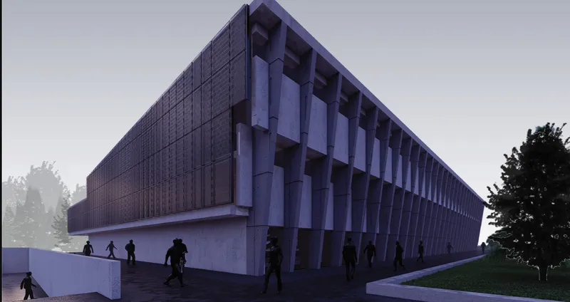 Corner facade showing gridded concrete panels and deep recesses with people gathered near the entrance