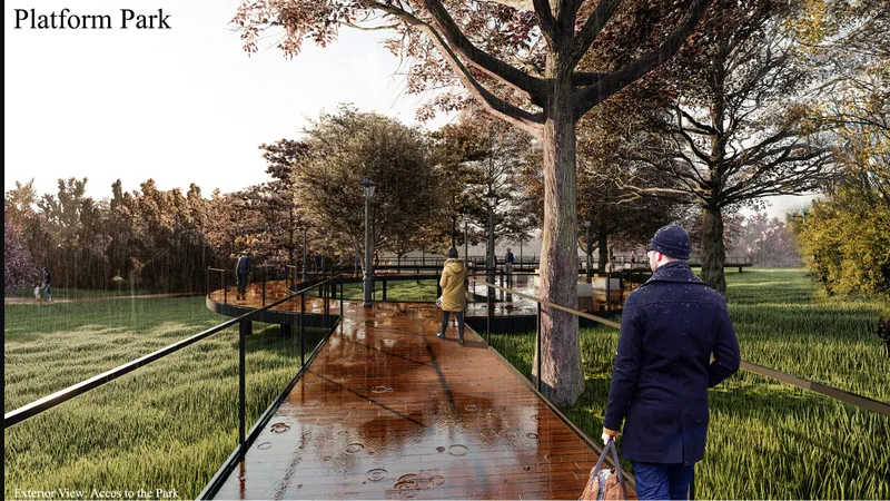 Elevated timber boardwalk with glass railings passing through a park grove on a wet autumn morning