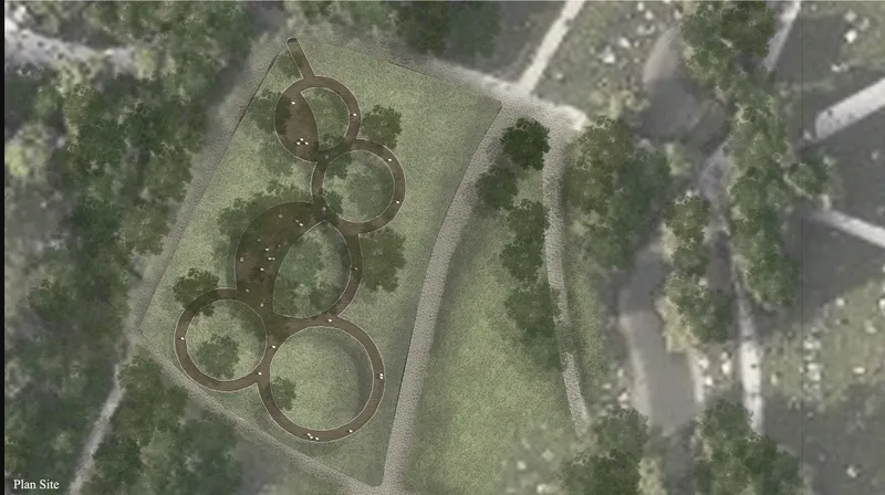 Aerial site plan showing five circular platforms arranged in a linear sequence among existing trees