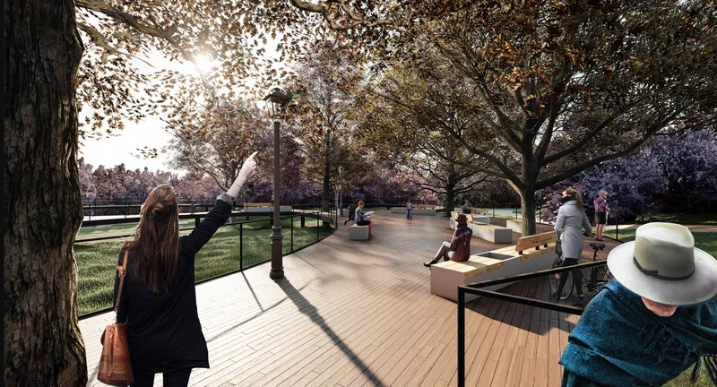 Wooden deck with seating areas under backlit canopy as sunlight filters through the autumn leaves