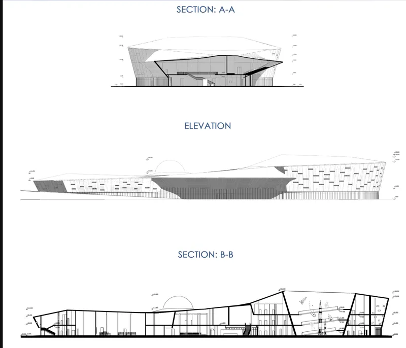 Section and elevation drawings showing the curving roof profile and interior spatial organization across multiple levels