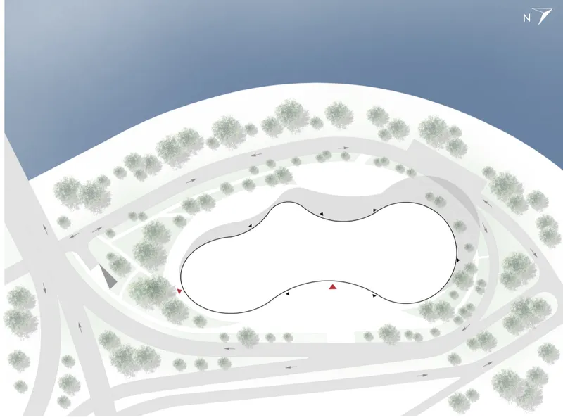 Site plan drawing showing the lobed building footprint surrounded by rows of trees and circulation paths