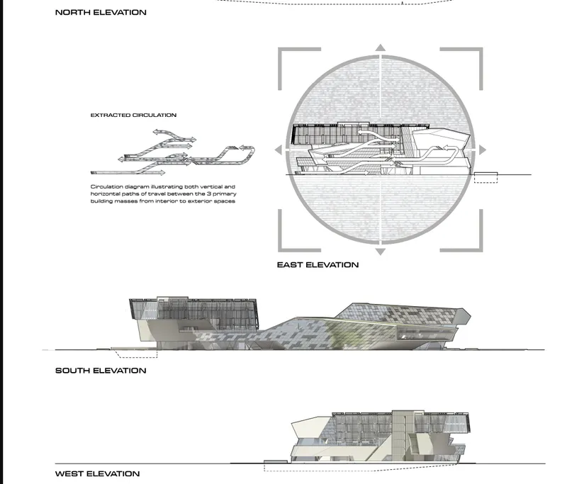 Elevation drawings showing the cantilevered volumes with horizontal louvers from four cardinal directions