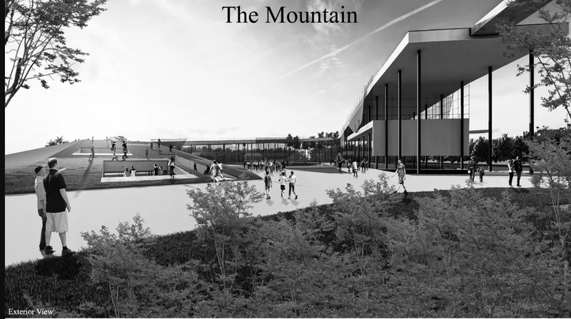 Elevated glass and metal pavilion with cantilevered roof overlooking terraced plaza and visitors in bright daylight