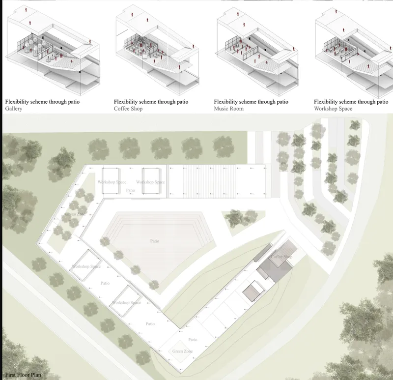 Floor plan and axonometric drawings showing pentagonal courtyard with surrounding linear spaces and tree plantings