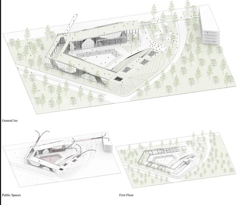 Isometric drawing showing pentagonal site with terraced levels, perimeter tree rows and central courtyard spaces