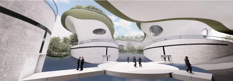 Courtyard with curved stone walls and green roofs creating organic openings with visitors below