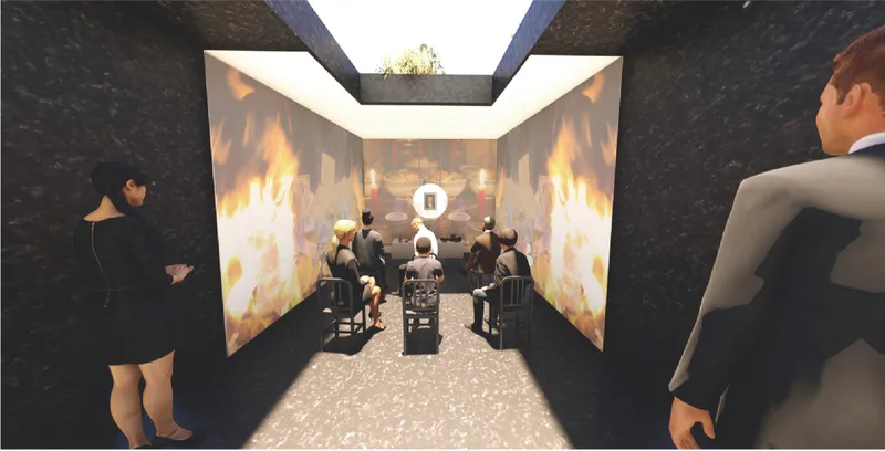 Interior ceremonial space with projected flame imagery on dark walls and seated visitors facing an altar