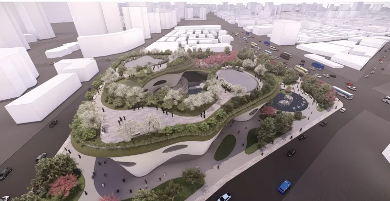 Aerial rendering showing curved roof forms with planted gardens surrounded by urban context and streets