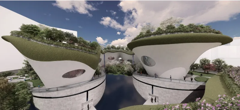 Green roofs planted with trees and grass atop white curved volumes with water feature and visitors