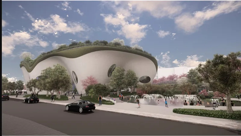 Street view of the white curved structure with green roof beneath scattered clouds and spring trees