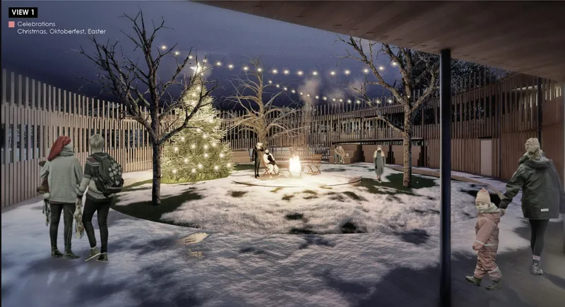 Covered courtyard with vertical timber slat screens, string lights, and snow-dusted ground at evening