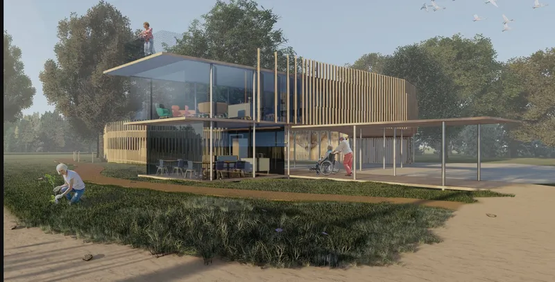 Two-story pavilion with vertical timber screening and glazed walls surrounded by planted beds and mature trees