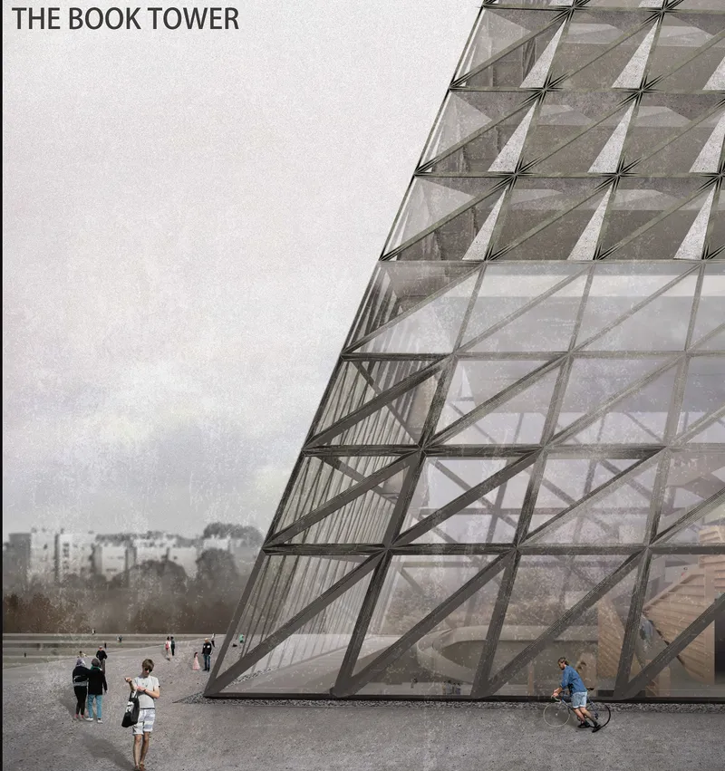 Angled view of the triangulated glass facade rising above a plaza with visitors and a cyclist