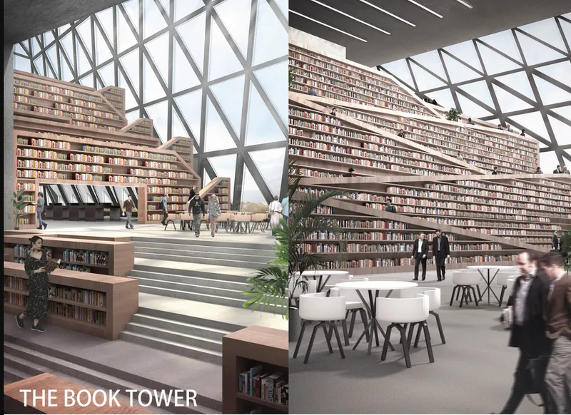 Interior reading hall with tiered bookshelves beneath an exposed diagrid structure and skylights