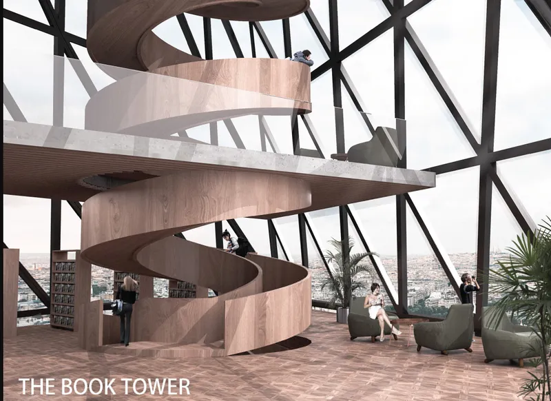 Spiraling timber staircase within the steel diagrid frame overlooking the cityscape