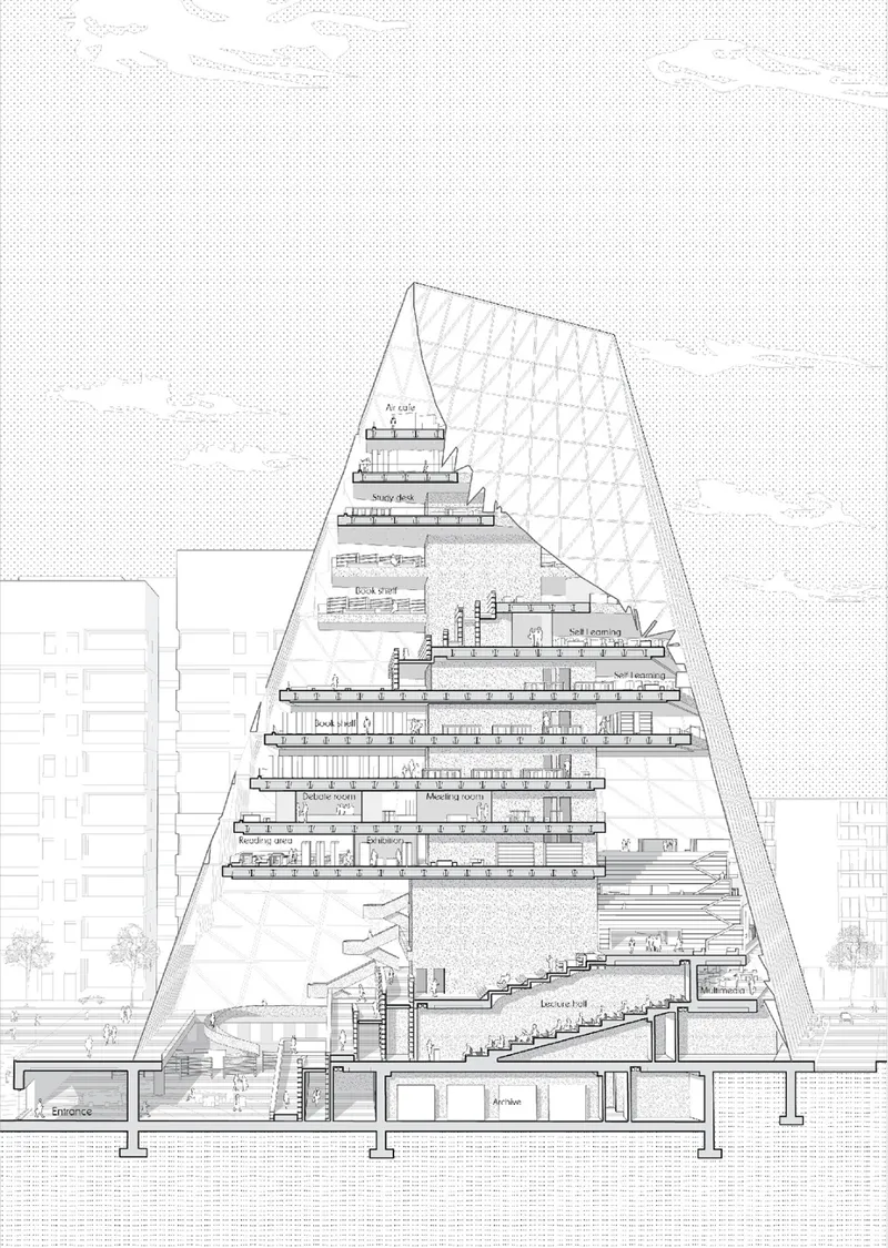 Section drawing showing stacked floor plates within the triangular envelope and below-grade spaces