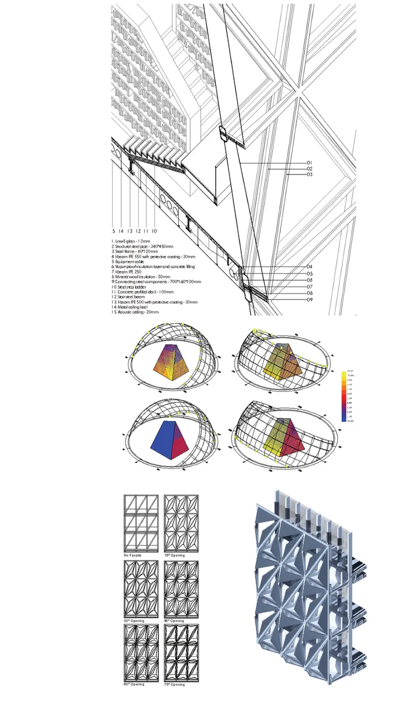 Technical drawings depicting facade detail, structural diagrams, diagrid patterns, and axonometric views
