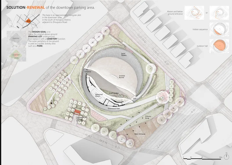 Site plan drawing showing circular building with terraced berms and surrounding parking lot