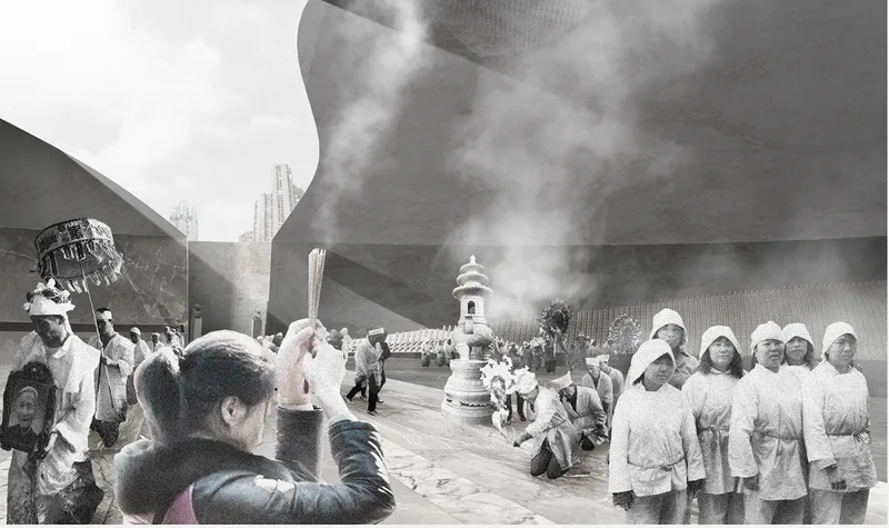 Rendering of curved concrete walls with ceremonial procession and incense smoke rising