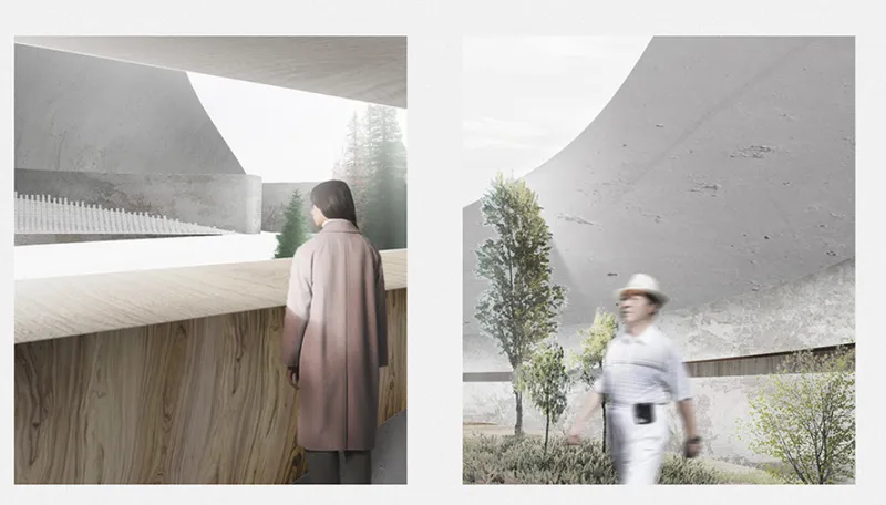Interior view of timber-lined corridor with concrete ceiling and blurred figure walking past courtyard