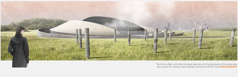 Rendering of the domed structures rising from a grassy field with a figure standing in the foreground