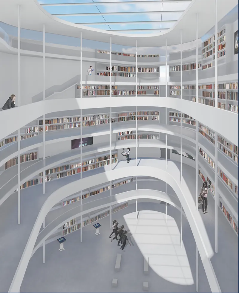 Interior view of the spiraling white bookshelves rising through the circular atrium with visitors on each level