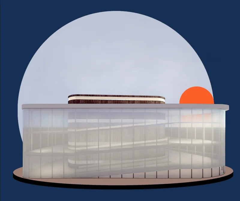 Physical model of the oval translucent facade with a rooftop dome and orange sphere against a moon backdrop