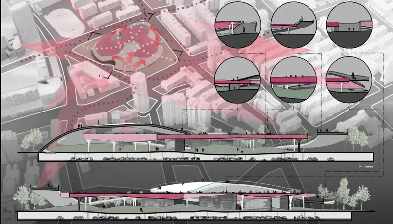 Architectural presentation board showing aerial site plan with section drawings and circular detail vignettes highlighted in pink