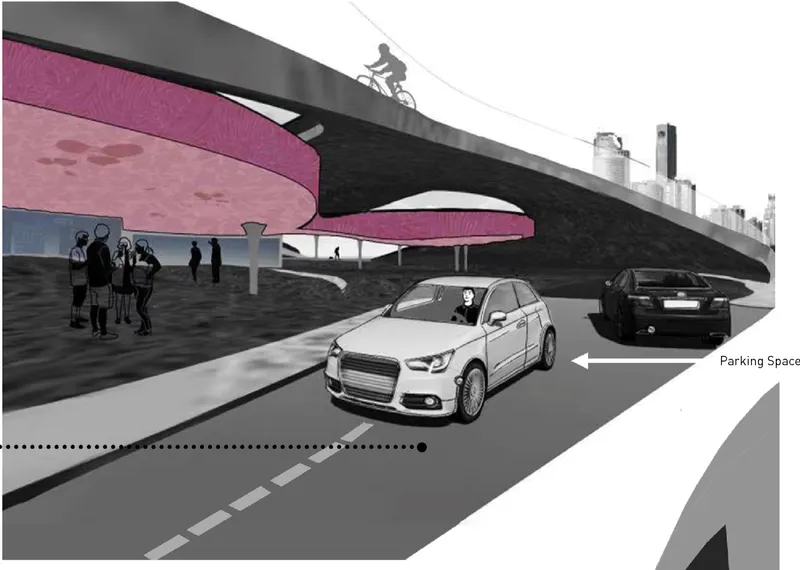 Rendering of the curving elevated roadway with pink soffit panels and a cyclist crossing above