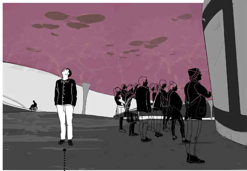 Rendering of the public plaza with pink ceiling panels and groups of people gathered below