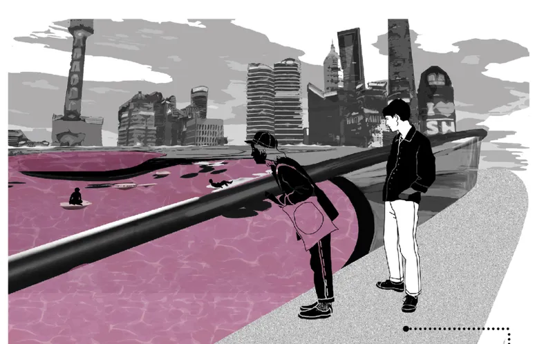 Rendering of the waterfront promenade with pink water surface and city skyline in the background