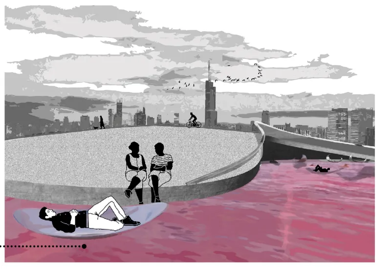 Rendering of the curved deck overlooking pink water with people seated and a cyclist passing