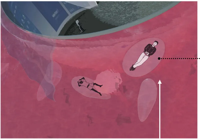 Top-down rendering of the pink surface with circular recesses occupied by reclining figures