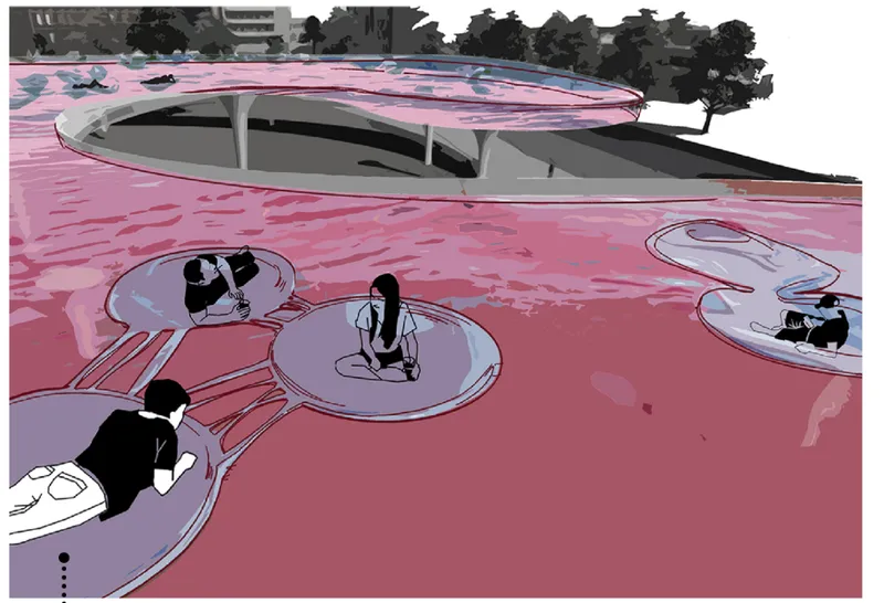 Rendering of the pink deck surface with circular seating pods and tree-lined edge beyond