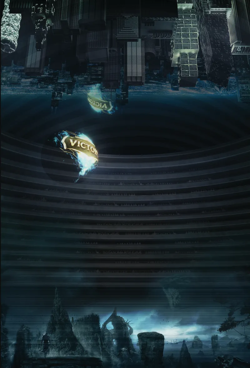 Rendering of a cylindrical tower submerged halfway in water with illuminated signage reflected on the surface
