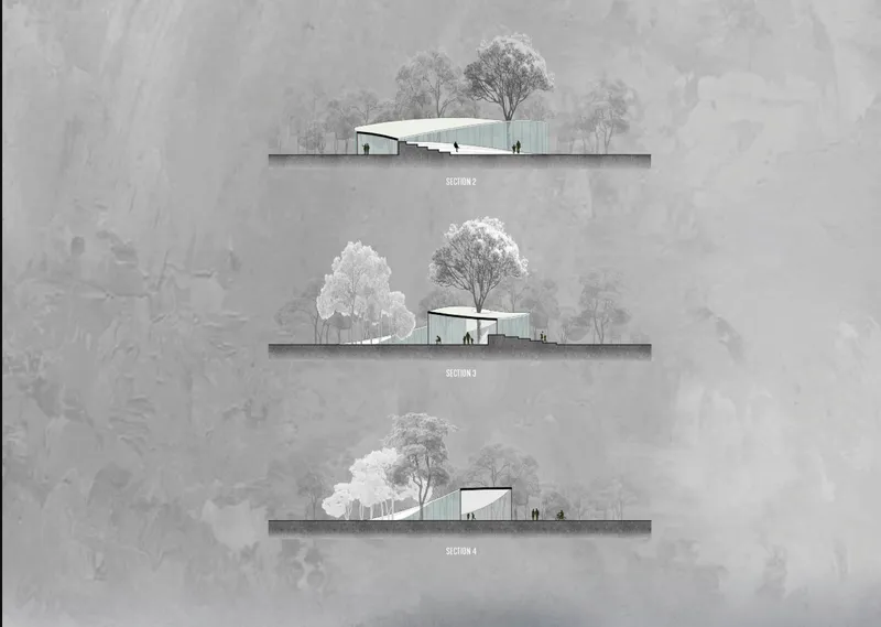 Section drawings showing three glazed pavilions embedded into sloping terrain with trees above