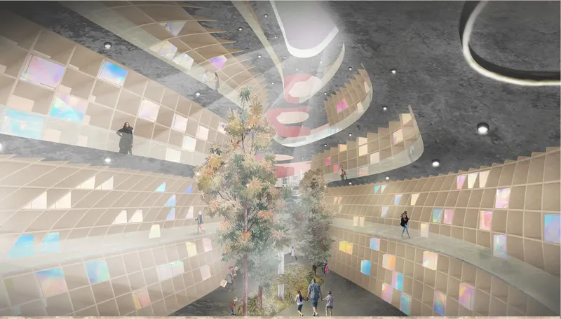 Interior view of a central courtyard with iridescent tiled walls and a tree surrounded by visitors