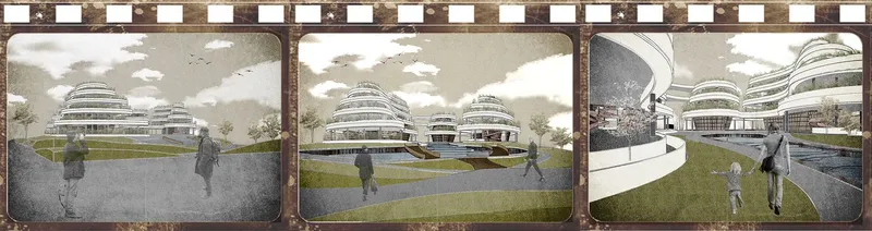 Rendering sequence showing three perspectives of the horizontally layered structure with visitors walking below overcast skies