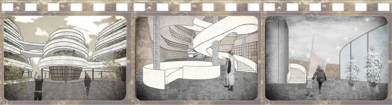Interior rendering triptych displaying an atrium with curved balconies and a suspended sculptural staircase with figures
