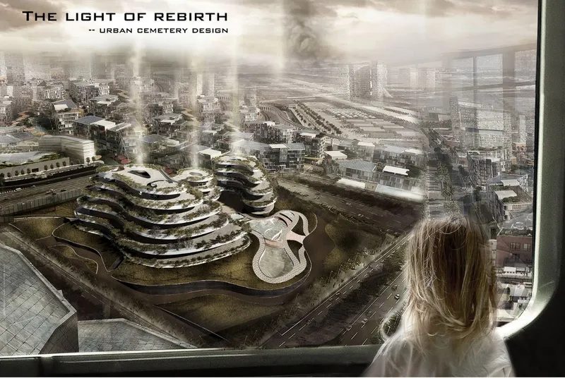 Aerial rendering of a spiraling terraced structure within a dense urban cemetery landscape viewed through a window