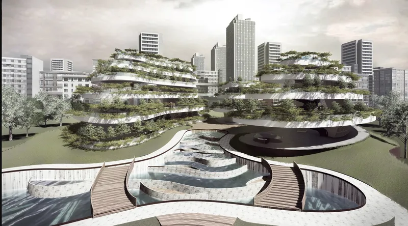 Exterior view of the terraced planted facade rising above a curving water feature and wooden deck