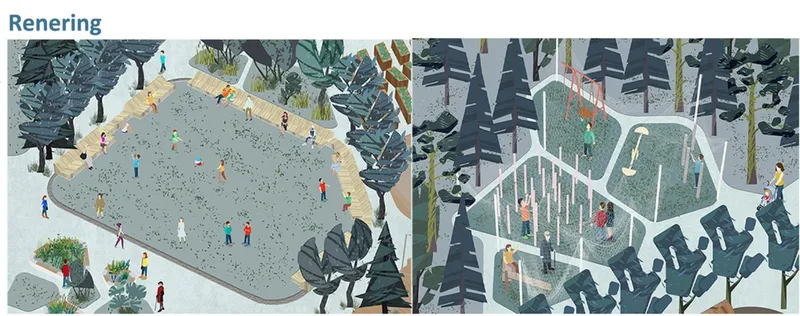 Rendering showing an open plaza with gathered visitors among trees and planted beds